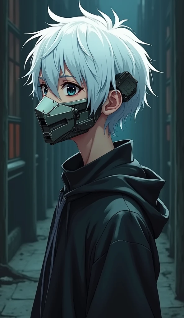 1 anime boy,susadera de color negro,white hair with a messy or common hairstyle,serene face,total black eye color,A robotic metal mask that lights up when you talk,weak appearance or physique