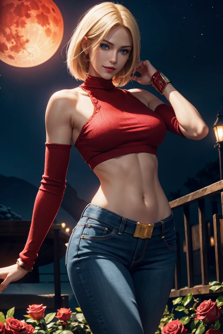 KOF,King of Fighters,Blue Mary,Blue Eyes,Blonde Hair,Medium Hair,Beautiful white skin,Photorealistic,Ultra HD,high quality,masterpiece,Digital SLR,Detailed details,Intricate details,Anatomical basis,Depicted in detail,A detailed face,Realistic skin texture,Vivid details,Perfect Anatomy,Perfect Anatomy,Anatomically correct hand,Anatomically correct fingers,Super Detail,Complex 3D rendering,Sexy pose,Red knitted tops,No sleeve,jeans,Fantasy worldview,Beautiful red sea,Beautiful Red Moon,Beautiful night sky,Petals of roses dance,Picturesque,Pink Lips,smile,