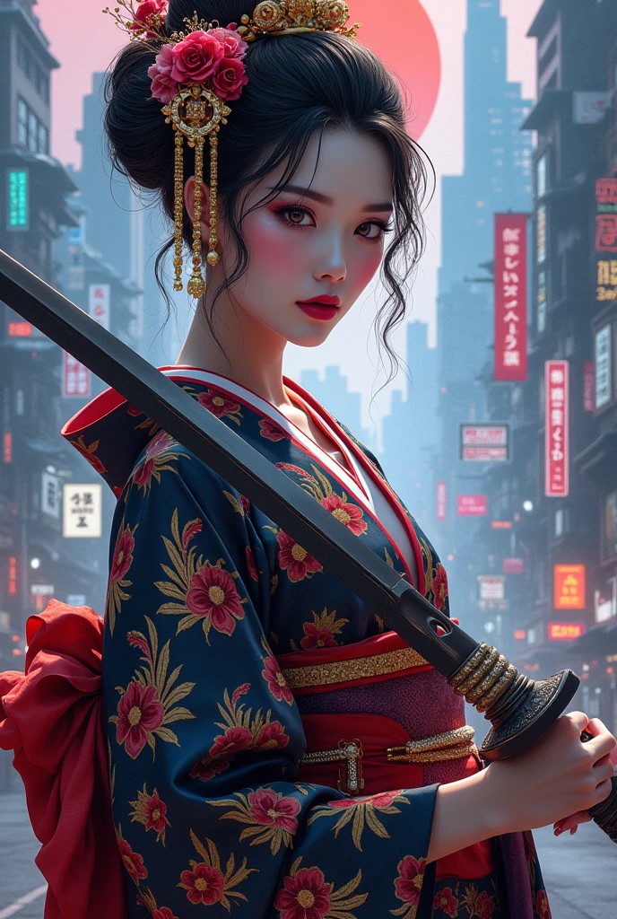 painting of a woman in a kimono outfit holding a sword, beauty geisha, japanese geisha, feudal japan art, very beautiful cyberpunk samurai, geisha, portrait of a beautiful geisha, beautiful digital artwork, cyberpunk geisha, glamorous and sexy geisha, female samurai, female geisha girl, portrait of geisha, japanese fantasy