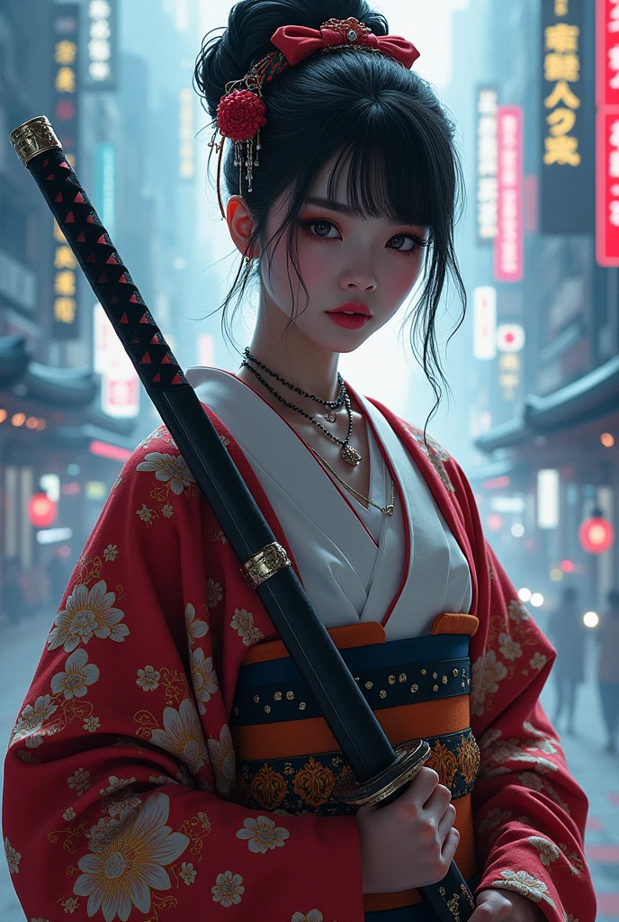 painting of a woman in a kimono outfit holding a sword, beauty geisha, japanese geisha, feudal japan art, very beautiful cyberpunk samurai, geisha, portrait of a beautiful geisha, beautiful digital artwork, cyberpunk geisha, glamorous and sexy geisha, female samurai, female geisha girl, portrait of geisha, japanese fantasy