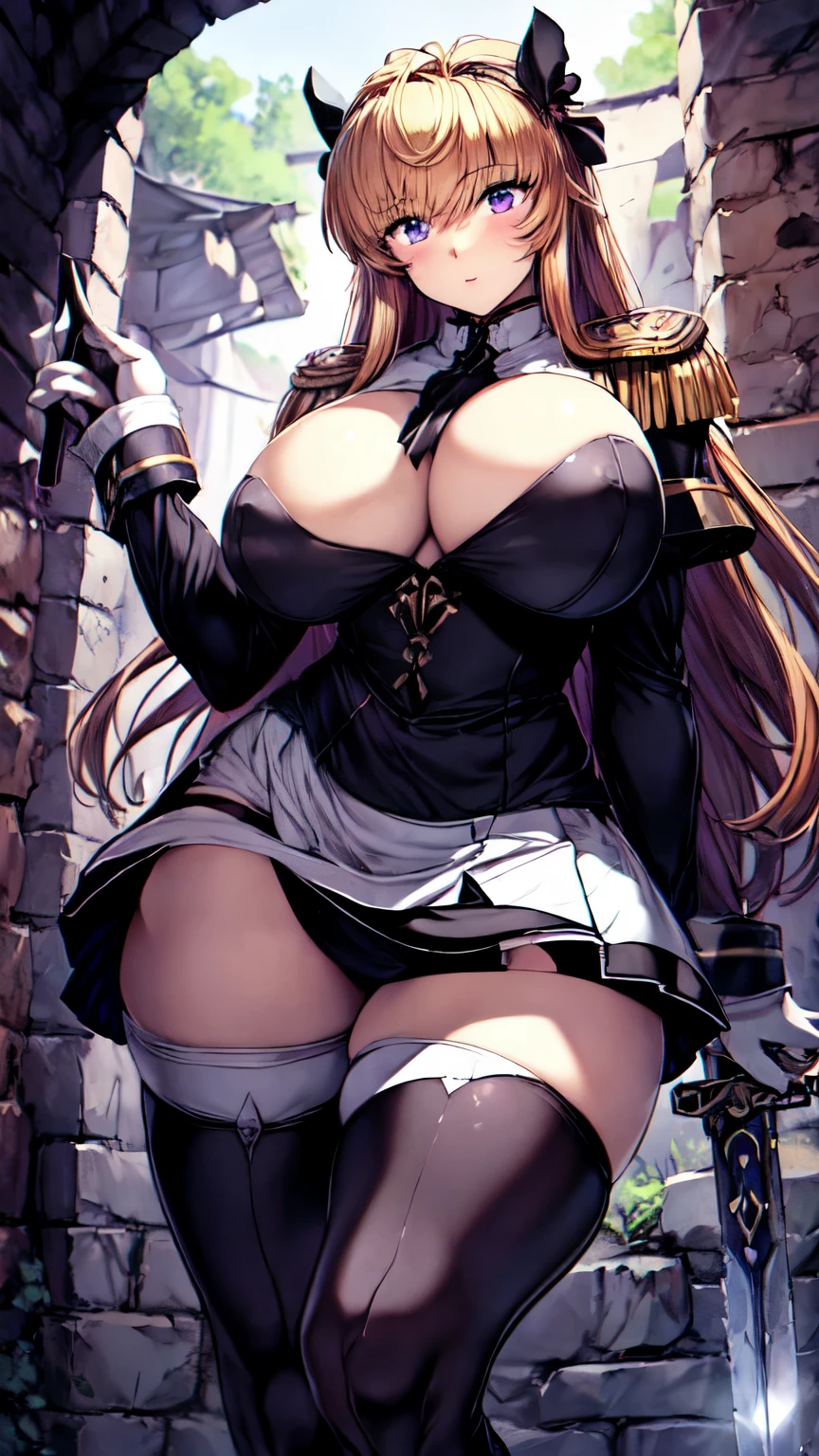 masterpiece, Highest quality,1girl,solo、moving、large breasts、female knight、Light Brown Hair、Long Hair、Blue Eye、RAW Color、tall、(((White military uniform:1.5、An adult woman holding a thin long sword、Epaulettes、Purple Skirt)))、((Black Stockings:1.5))、(highheel),whole body、Purple leg armor over stockings、Narrow eyes、Fighting monsters、(Dark Dungeon、Dark Prison) 、Are standing、Combat Ready、