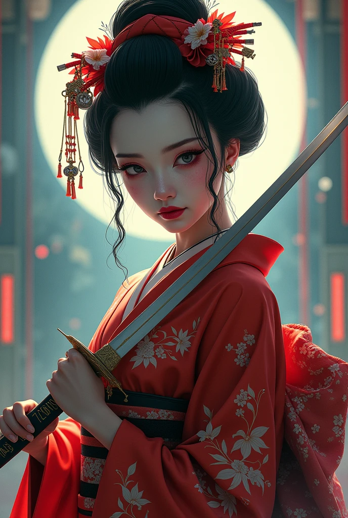 painting of a woman in a kimono outfit holding a sword, digital art inspired by Torii Kiyonobu I, cgsociety contest winner, fantasy art, beauty geisha, japanese geisha, feudal japan art, very beautiful cyberpunk samurai, geisha, portrait of a beautiful geisha, beautiful digital artwork, cyberpunk geisha, glamorous and sexy geisha
