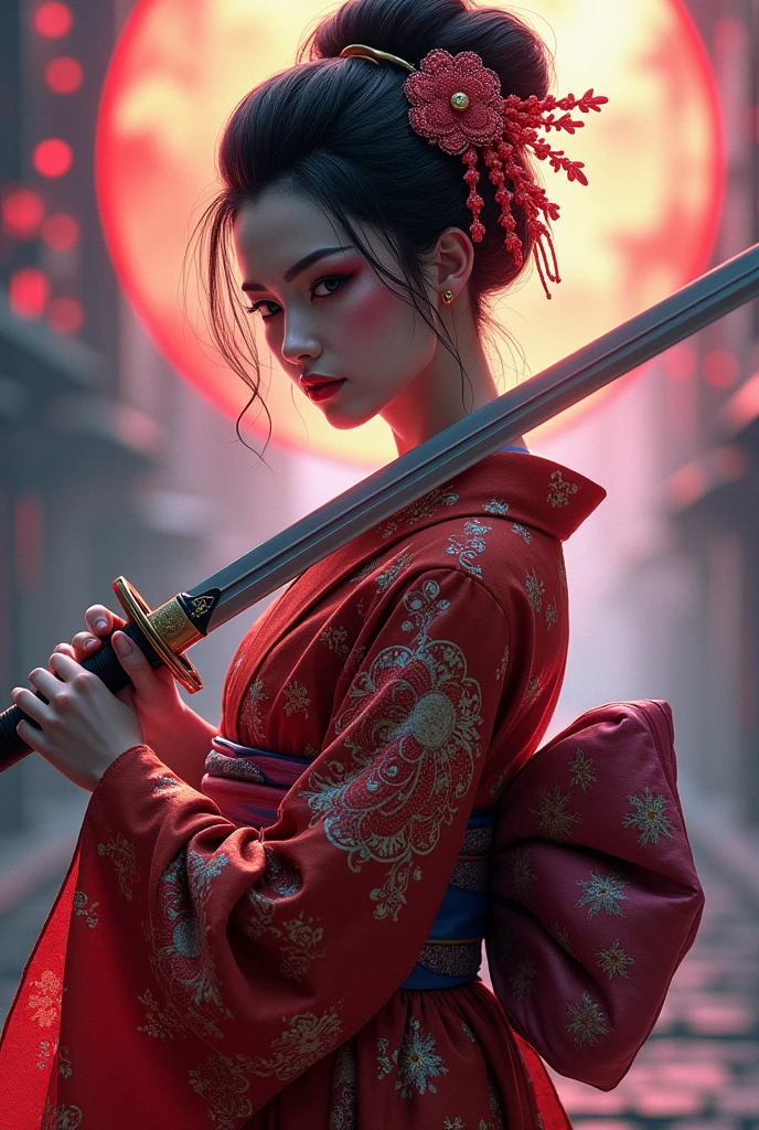 painting of a woman in a kimono outfit holding a sword, digital art inspired by Torii Kiyonobu I, cgsociety contest winner, fantasy art, beauty geisha, japanese geisha, feudal japan art, very beautiful cyberpunk samurai, geisha, portrait of a beautiful geisha, beautiful digital artwork, cyberpunk geisha, glamorous and sexy geisha