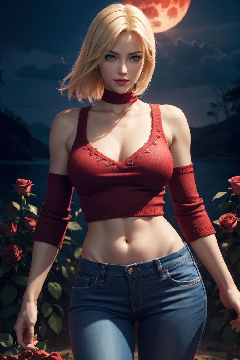 KOF,King of Fighters,Blue Mary,Blue Eyes,Blonde Hair,Medium Hair,Beautiful white skin,Photorealistic,Ultra HD,high quality,masterpiece,Digital SLR,Detailed details,Intricate details,Anatomical basis,Depicted in detail,A detailed face,Realistic skin texture,Vivid details,Perfect Anatomy,Perfect Anatomy,Anatomically correct hand,Anatomically correct fingers,Super Detail,Complex 3D rendering,Sexy pose,Red knitted tops,No sleeve,jeans,Fantasy worldview,Beautiful red sea,Beautiful Red Moon,Beautiful night sky,Petals of roses dance,Picturesque,Pink Lips,smile,
