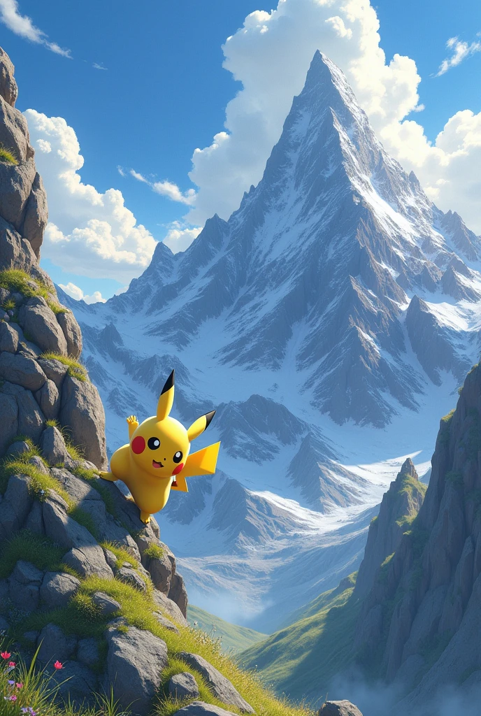 Pikachu climbing a mountain