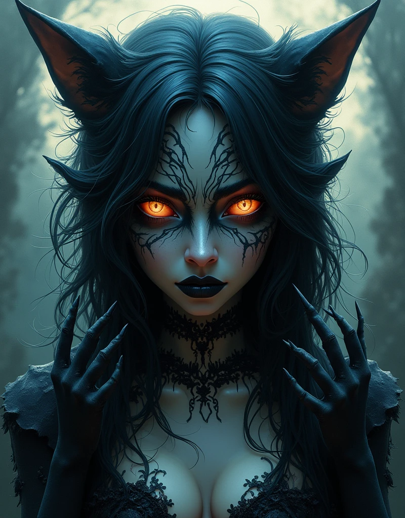 blue hair, jeweled branch of hourai, crazy eyes, kemonomimi mode, saliva trail, Gothic art, textured skin, high details, high quality, anatomically correct --auto