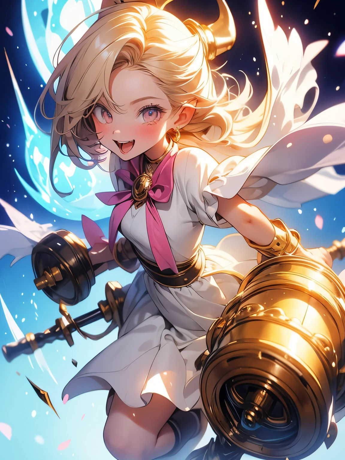 Cute fantasy anime girl, holding long heavy hammer