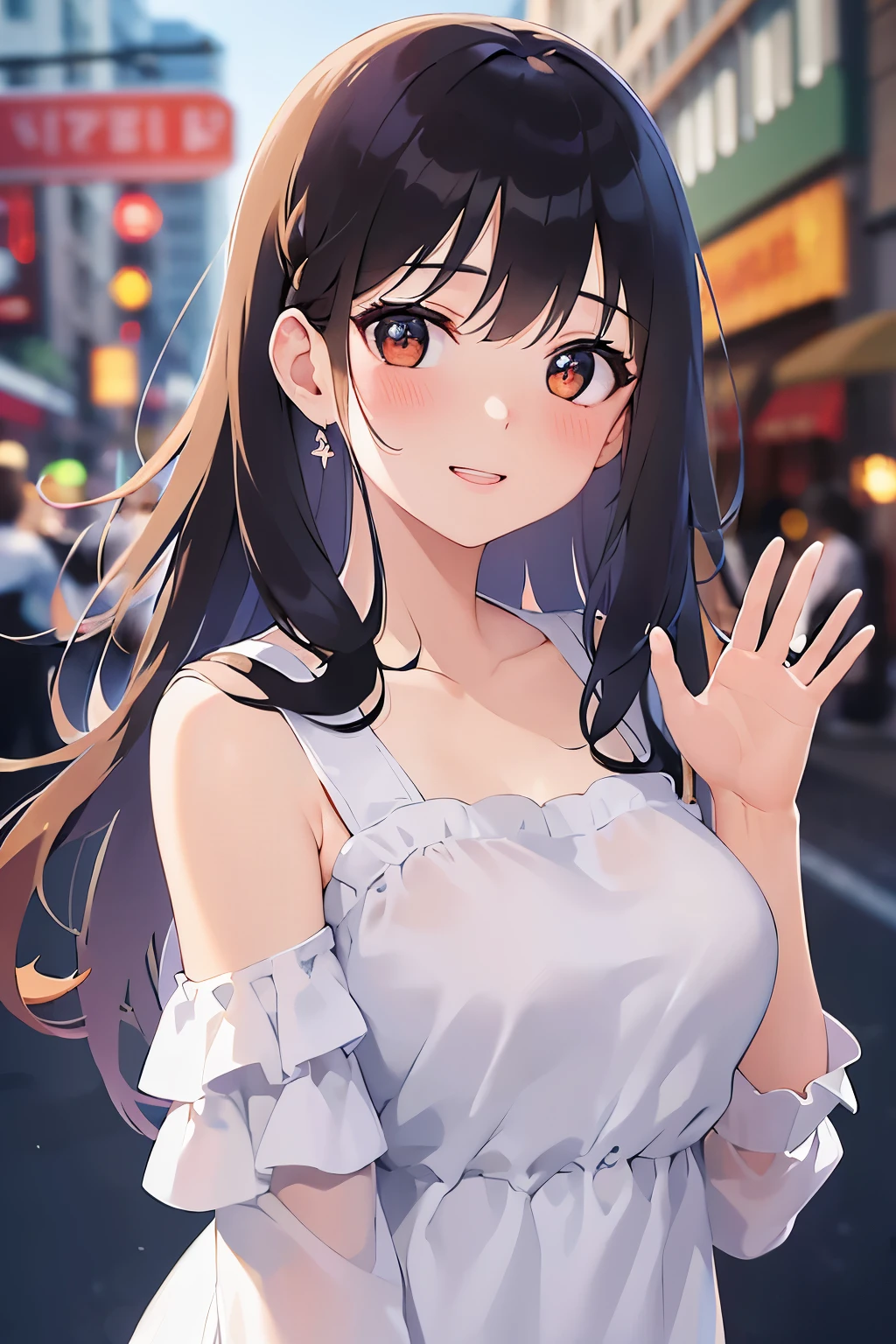 Biologically correct five fingers、(waving hand:1.5), Upper Body, Realistic, real person, (pale skin: 1.2), RAW photo, photorealistic, shiny skin, shiny hair、(A 2 woman with medium-length hair and bangs) and (wavy hair) and (brown hair) and (orange eyes) , White off-shoulder blouse 、smile, (blush:1.5),In town、Alone、Are standing