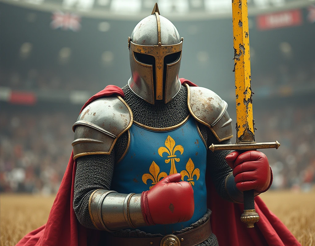 A poster depicting a man, boxer, holding a steel two-handed sword, boxing gloves, . BREAK. blue and red coat of arms thin vertical yellow sword painted upwards with 2lily flowers, damaged by fighting, (mouth stitched with thread). medieval battered chain mail, helmet, very battle-damaged, blue and red coat of arms. He's on a ring in a field, with the words "Aznar" written in large golden letters in the foreground.