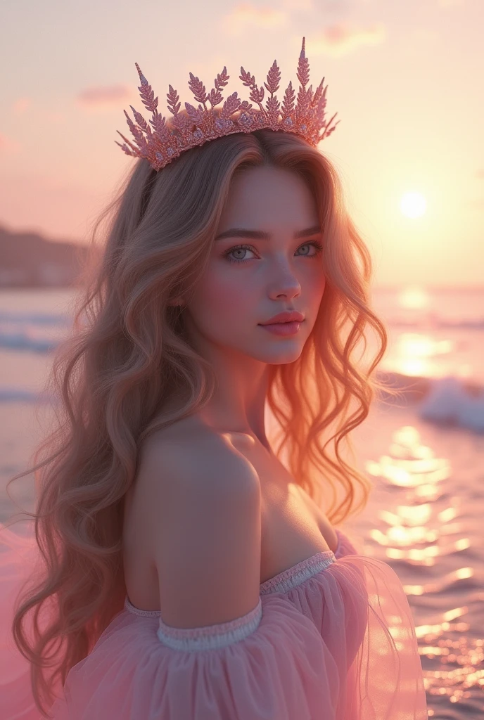 sea background, with pink would be with long wavy hair and light brown，crown on head