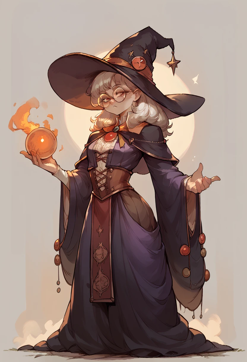 Wearing medevial spellcaster clothes with a wizard hat, round glasses, full body portrait, female, 1girl,