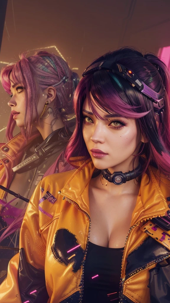 there is a woman with a yellow jacket and pink hair, cyberpunk judy alvarez, cyberpunk jackie welles, the cyberpunk girl portrait, cyberpunk femme fatale, stylized urban fantasy artwork, hyper-realistic cyberpunk style, cyberpunk art style, cyberpunk style ， hyperrealistic, cyberpunk artstyle, photorealistic artstyle, realistic artstyle, cyberpunk digital painting, in cyberpunk style