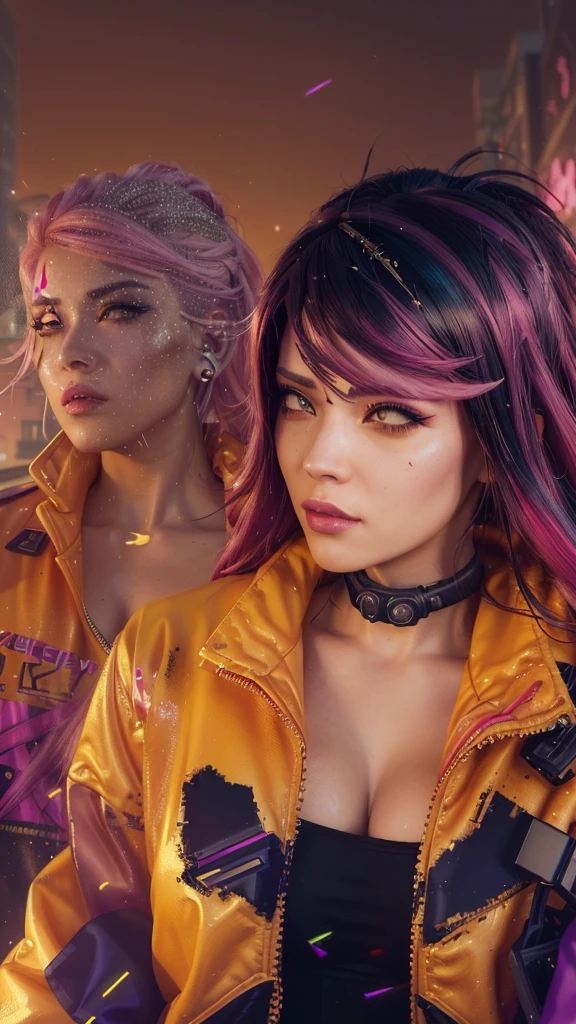 there is a woman with a yellow jacket and pink hair, cyberpunk judy alvarez, cyberpunk jackie welles, the cyberpunk girl portrait, cyberpunk femme fatale, stylized urban fantasy artwork, hyper-realistic cyberpunk style, cyberpunk art style, cyberpunk style ， hyperrealistic, cyberpunk artstyle, photorealistic artstyle, realistic artstyle, cyberpunk digital painting, in cyberpunk style