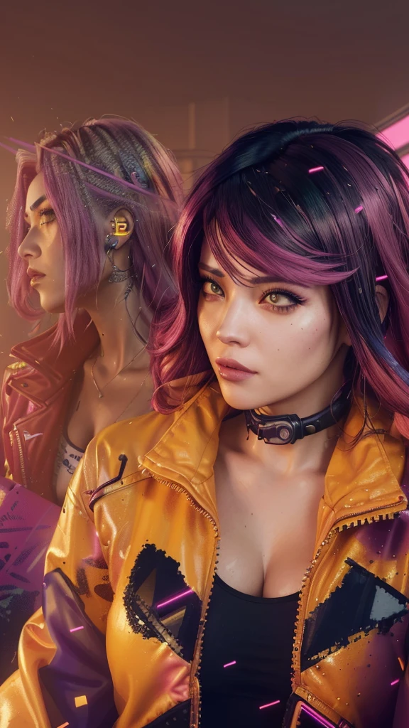 there is a woman with a yellow jacket and pink hair, cyberpunk judy alvarez, cyberpunk jackie welles, the cyberpunk girl portrait, cyberpunk femme fatale, stylized urban fantasy artwork, hyper-realistic cyberpunk style, cyberpunk art style, cyberpunk style ， hyperrealistic, cyberpunk artstyle, photorealistic artstyle, realistic artstyle, cyberpunk digital painting, in cyberpunk style