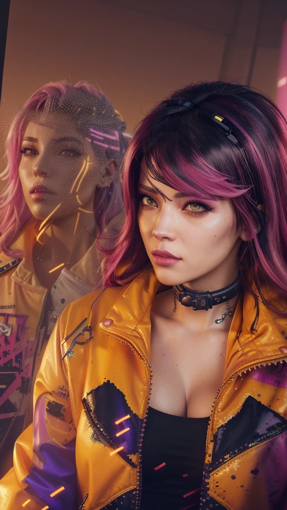 there is a woman with a yellow jacket and pink hair, cyberpunk judy alvarez, cyberpunk jackie welles, the cyberpunk girl portrait, cyberpunk femme fatale, stylized urban fantasy artwork, hyper-realistic cyberpunk style, cyberpunk art style, cyberpunk style , hyperrealistic, cyberpunk artstyle, photorealistic artstyle, realistic artstyle, cyberpunk digital painting, in cyberpunk style