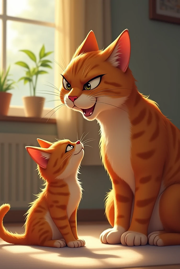 Orange cat Mom Cat: (sternly) "Stop that right now!"