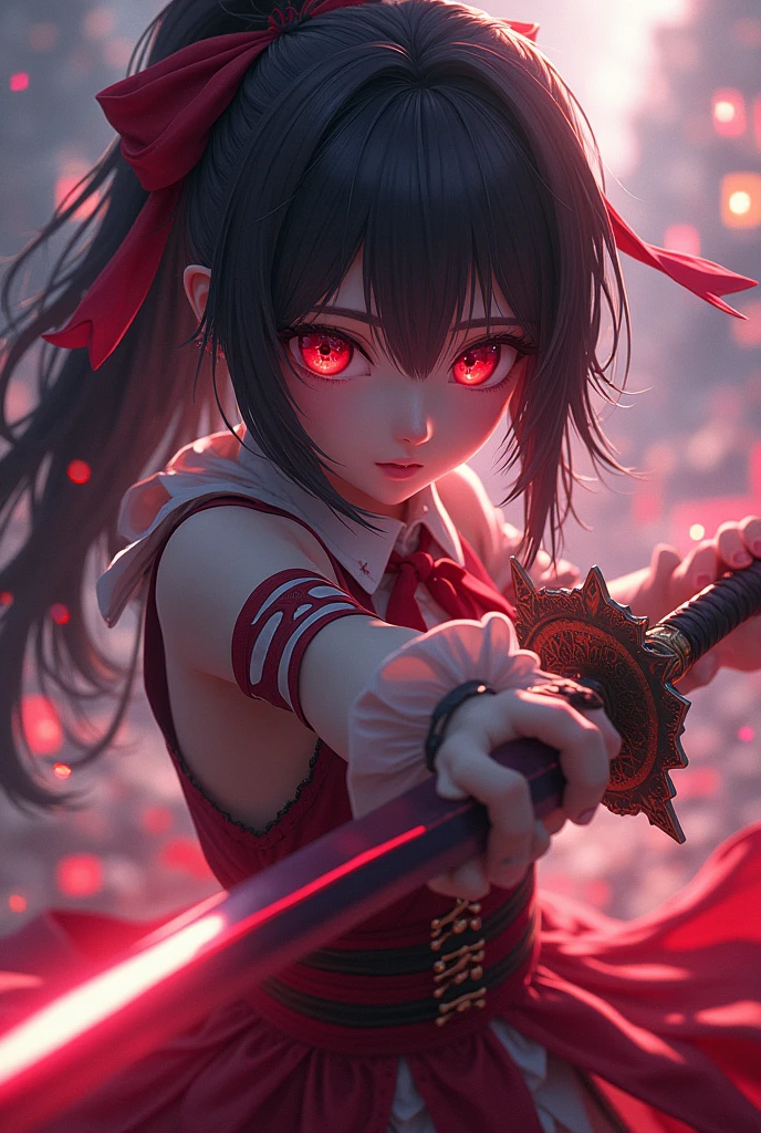 anime girl with red eyes and a sword in her hand, 4k highly detailed digital art, 8k high quality detailed art, pop japonisme 3 d ultra detailed, stunning digital illustration, 3 d render character art 8 k, digital fantasy art ), beautiful digital artwork, the dragon girl portrait, hyperdetailed fantasy character, deviantart artstation cgscosiety