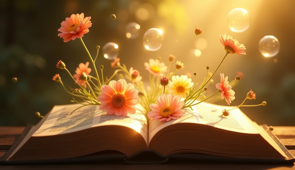 "開かれたThe Bible表面に置かれている詳細な画像を作成する, Golden light radiates from the pages. The light softly illuminates the surroundings., and delicate Flowers of various colors should appear to be growing out of the Bible, Intertwined with light. Fantastic bubbles gently fly around, Add life and movement to your scene. The background should be subtle, The Bible, Flowers, Make the bubbles the main focus of the image."