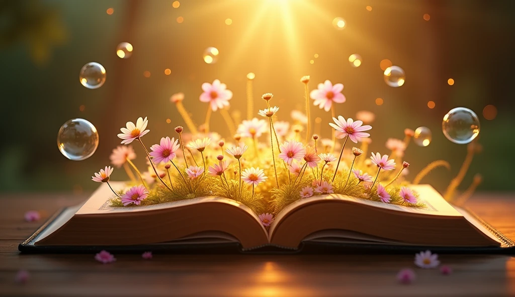 "開かれたThe Bible表面に置かれている詳細な画像を作成する, Golden light radiates from the pages. The light softly illuminates the surroundings., and delicate Flowers of various colors should appear to be growing out of the Bible, Intertwined with light. Fantastic bubbles gently fly around, Add life and movement to your scene. The background should be subtle, The Bible, Flowers, Make the bubbles the main focus of the image."