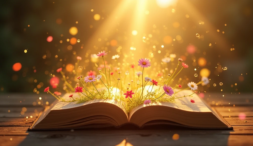 "開かれたThe Bible表面に置かれている詳細な画像を作成する, Golden light radiates from the pages. The light softly illuminates the surroundings., and delicate Flowers of various colors should appear to be growing out of the Bible, Intertwined with light. Fantastic bubbles gently fly around, Add life and movement to your scene. The background should be subtle, The Bible, Flowers, Make the bubbles the main focus of the image."
