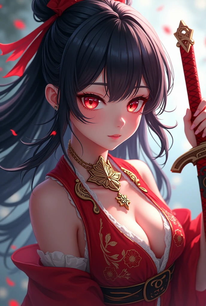 anime girl with red eyes and a sword in her hand, a character portrait inspired by Li Mei-shu, trending on cg society, fantasy art, 4k highly detailed digital art, 8k high quality detailed art, pop japonisme 3 d ultra detailed, stunning digital illustration, 3 d render character art 8 k, digital fantasy art ), beautiful digital artwork