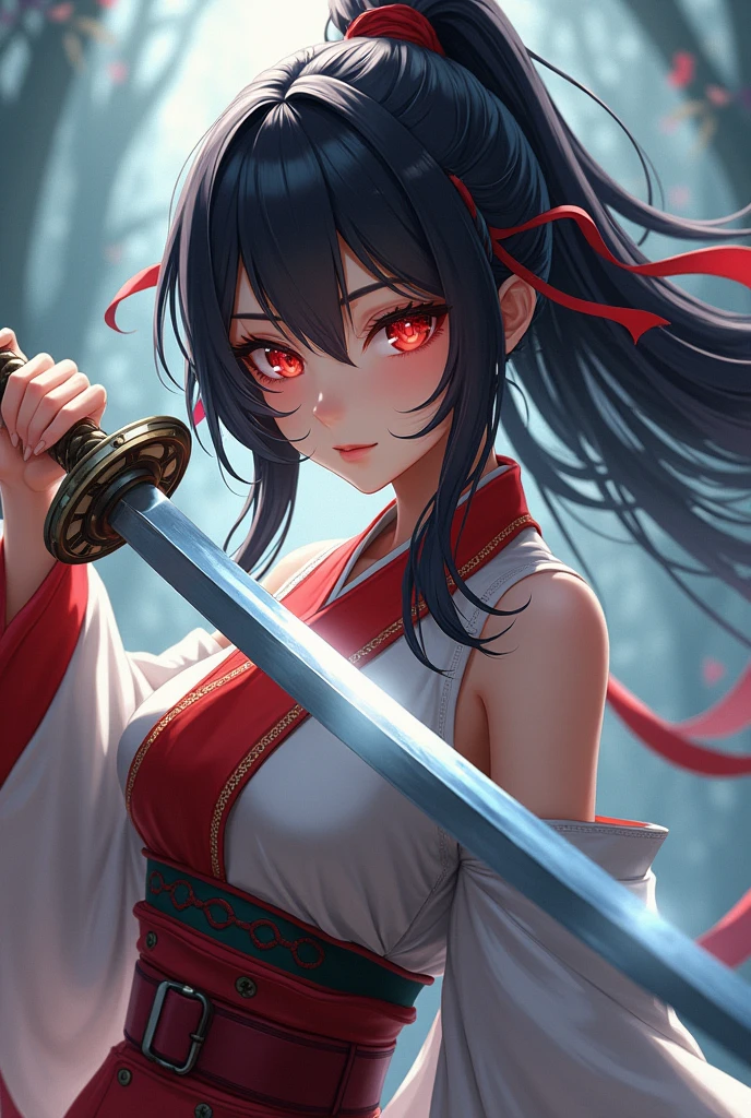 anime girl with red eyes and a sword in her hand, a character portrait inspired by Li Mei-shu, trending on cg society, fantasy art, 4k highly detailed digital art, 8k high quality detailed art, pop japonisme 3 d ultra detailed, stunning digital illustration, 3 d render character art 8 k, digital fantasy art ), beautiful digital artwork
