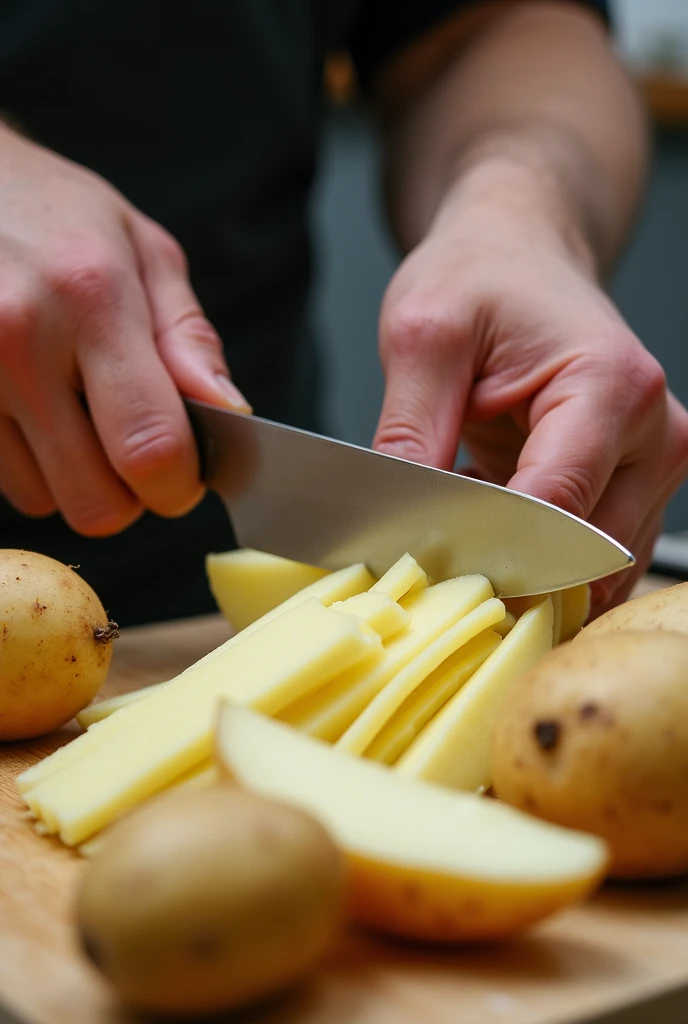 Peeling and slicing potatoes. A hand peels the potatoes and cuts them into strips.