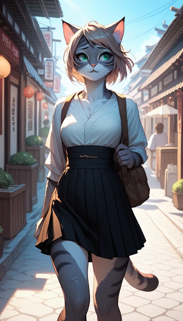 Furry, female cat, puss, Japanese form , on a Japanese street, gust, the wind lifted the skirt, face disturbance, trying to cover her panties
