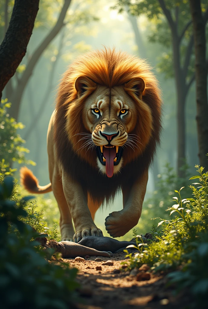 Lion in forest eating