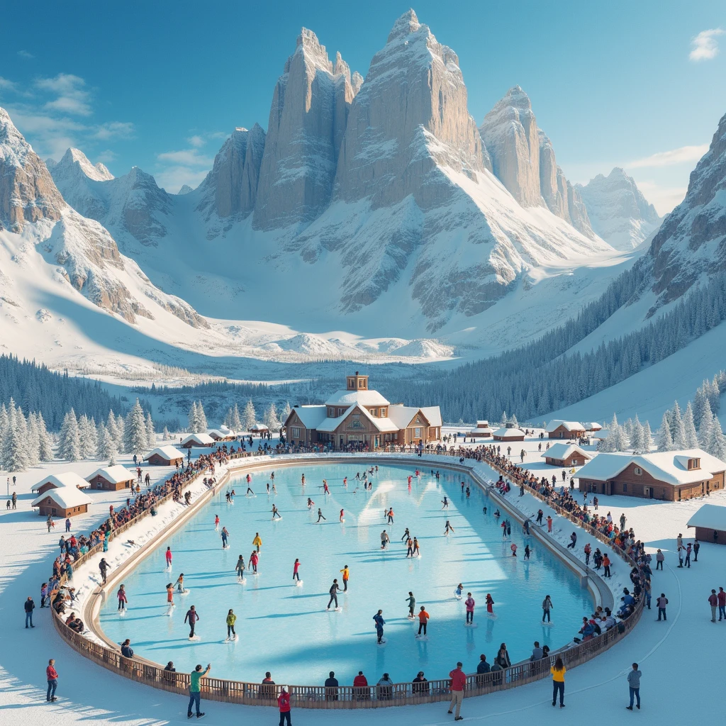 Envision grand, towering mountains blanketed in pure, untouched snow. In their midst, an open-air ice rink resides, embraced by the wild natural beauty. The high-altitude ice rink is teeming with a palette of joyous individuals of varying age, gender, and descent, their laughter and cheer echoing in the wind as they gracefully glide over the shimmering, icy surface. Overhead, the sky is a radiant azure, clear, with the sunlight reflecting off the glass-like ice. Nestled within this magnificent natural arena is a bustling ski resort, replete with people from all walks of life enjoying the winter sports it provides, high in the comforting solitude of the mountains.