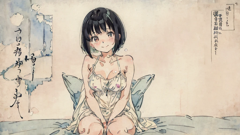 Watercolor style、pale colour、Hand-drawn style、high school girl、smile、Embarrassed、blush、Black Hair、Bobcut、Big Breasts、Nipples、Female organ、Thick pubic hair、Completely naked、sit、Spread your legs wide、bed