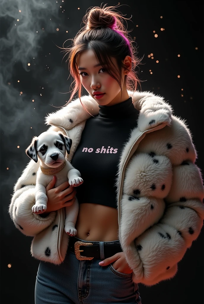 beautiful tanned japanese woman, wearing a designer fur puffer crop dalmatian print jacket , and black turtle neck t-shirt underneath the coat, write "NO SHITS" with glitter on t-shirt, (t-shirt tucked in) (t-shirt underneath pants) tucked in the t-shirt inside underneath jeans pants, big diamond buckle leather belt, thick eyebrows, photorealistic, masterpiece, moncler, messy bun pink highlighted hair, open the jacket, lips pouting, pouts, void black background with smokes, glitters and particles and nice lighting, UHD, HDR, 8k, Masterpiece, holding dalmatian puppy wearing gold collar