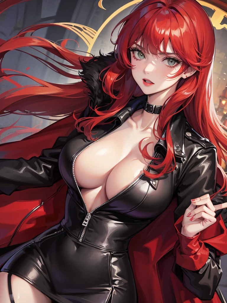 a mature woman, green eyes, red hair with long bangs, noble, mafia. sadistic women, wavy long hair. wear black purple winter jacket. strong woman. background in mansion