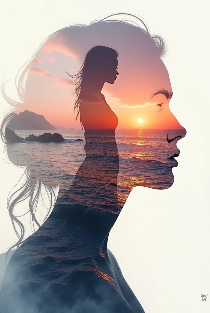 high quality, 8K Ultra HD, A beautiful double exposure that combines an goddess silhouette with sunset coast, sunset coast should serve as the underlying backdrop, with its details incorporated into the goddess , crisp lines, The background is monochrome, sharp focus, double exposure, by yukisakura, awesome full color,