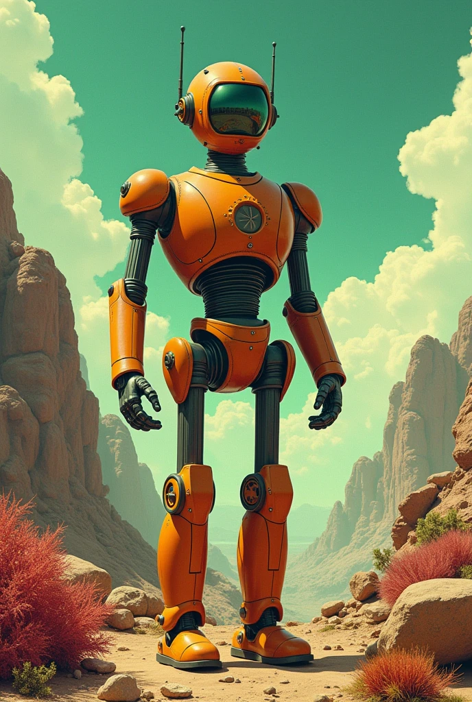 Robot from a science fiction series from the 1960s in the setting of a planet with sky, plants and rocks. Design no Estilo de Robert kinoshita, Lost in Space series, Camp, Colorido, FOrtes contrastes de cor, Scenic planet with very colorful stones and plants, green colored sky, Sci-Fi TV Show, Old TV series style