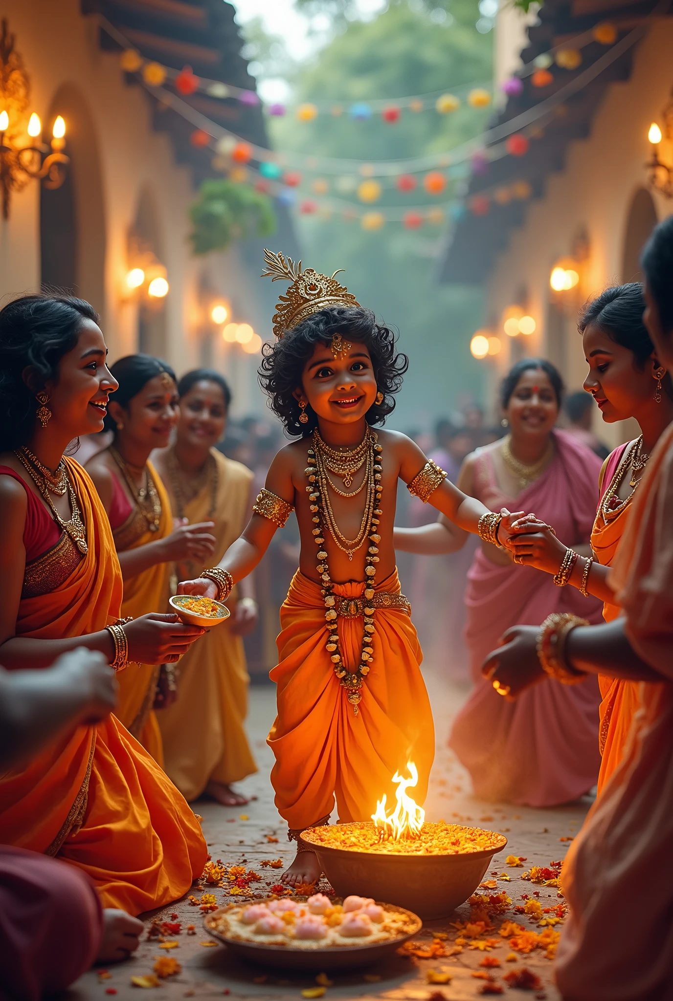Here is a prompt based on the celebration of Lord Krishna's birthday with family and friends:
The air was filled with joyous laughter and the sounds of celebration as Lord Krishna's family and friends gathered to honor his birthday. The courtyard was adorned with colorful garlands, fragrant flowers, and flickering oil lamps that cast a warm, inviting glow.
Krishna's mother, Devaki, beamed with pride as she watched her beloved son surrounded by those he held dear. She had prepared his favorite dishes, and the aroma of spices and freshly baked sweets wafted through the air, making everyone's mouths water in anticipation.
Krishna's dear friends, the gopis, danced and sang devotional songs in his honor, their faces radiant with happiness. Even the usually stern-faced Krishna's father, Vasudeva, had a twinkle in his eye as he watched the festivities unfold.
As the evening wore on, the group gathered around Krishna, sharing stories of his mischievous exploits and extolling his virtues. Laughter and good-natured teasing filled the air, strengthening the bonds of love and community.
It was a night to remember, a celebration of the divine in the mundane, as Krishna's birthday was honored with the simple joys of family, friendship, and devotion.