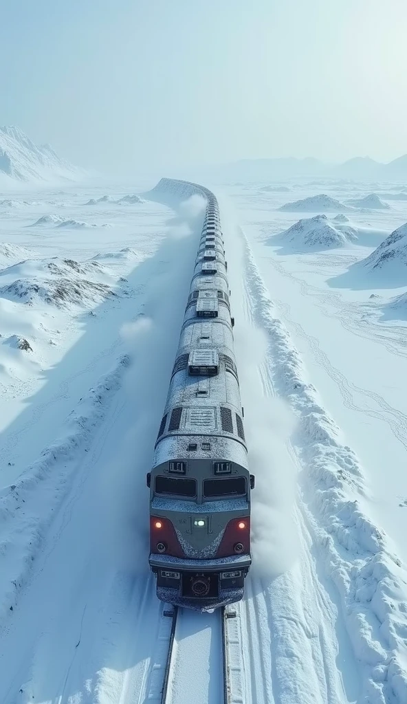 sci-fi, fantasy, snowpiercer, a modern armoured train with 1,000 cars traversing a snowy wilderness, an apocalyptic vision of a frozen and snow-covered world, a moving train breaking through snowdrifts, a bird's-eye view of a snowy and frozen land and a moving train, drives very fast through a desolate wilderness, no people, austere flat snowy landscape, photo from very high up showing the length of the endless train