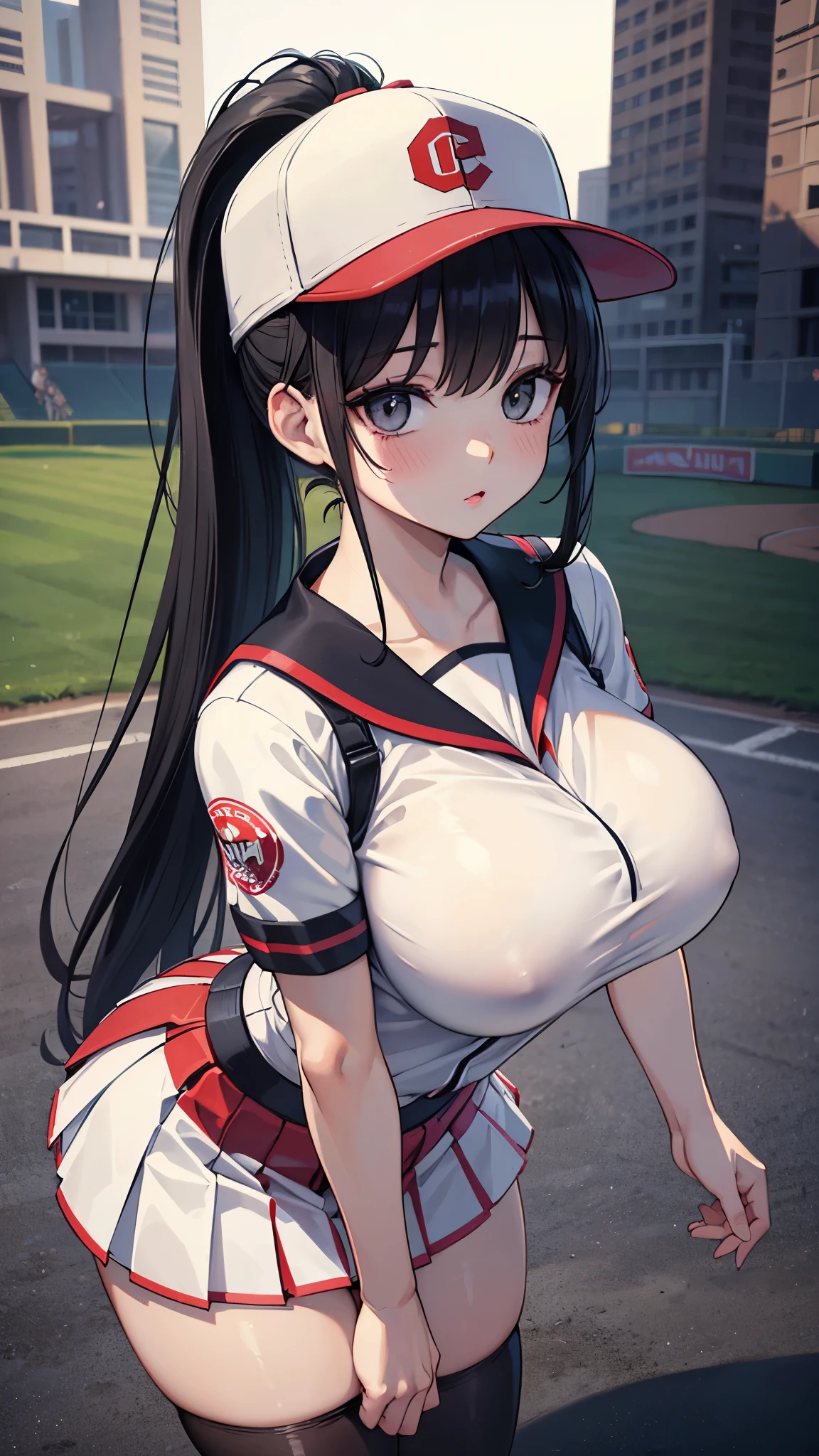 (masterpiece, 最high quality, 超High resolution, Very detailed), (Realistic:1.1, photoRealistic:1.4), Perfect illustration, Perfect lighting,Perfectly detailed hair, Perfect and exquisite face, Perfect collarbone, Perfect body,Juicy breasts, Perfect Thighs, Beautiful legs, View your audience, 1 person,Perfect Face, (Perfect Anatomy, Anatomically correct), Symmetrical face、((Shiny Hair)),Sexy Body、(masterpiece),(最high quality:1.3),8k,Very clear,(Ultra-realistic),Captivating woman,(high quality, High resolution, The finer details), Realisticなスタイルの女性,Juicy breasts、Perfect Woman、Perfect Face、Symmetrical face、、((Big breasts))、blush、((Juicy lips))、Cowboy Shot、(((Black hair in a ponytail)))、((Large, double-set black eyes、Long eyelashes))、(Red Makeup)、(((Baseball cap、White Uniform)))、(((Very short skirt)))、((baseball player))、(Healthy and well-developed body)、((Big tits jk))、(Outdoor、baseball Ground)