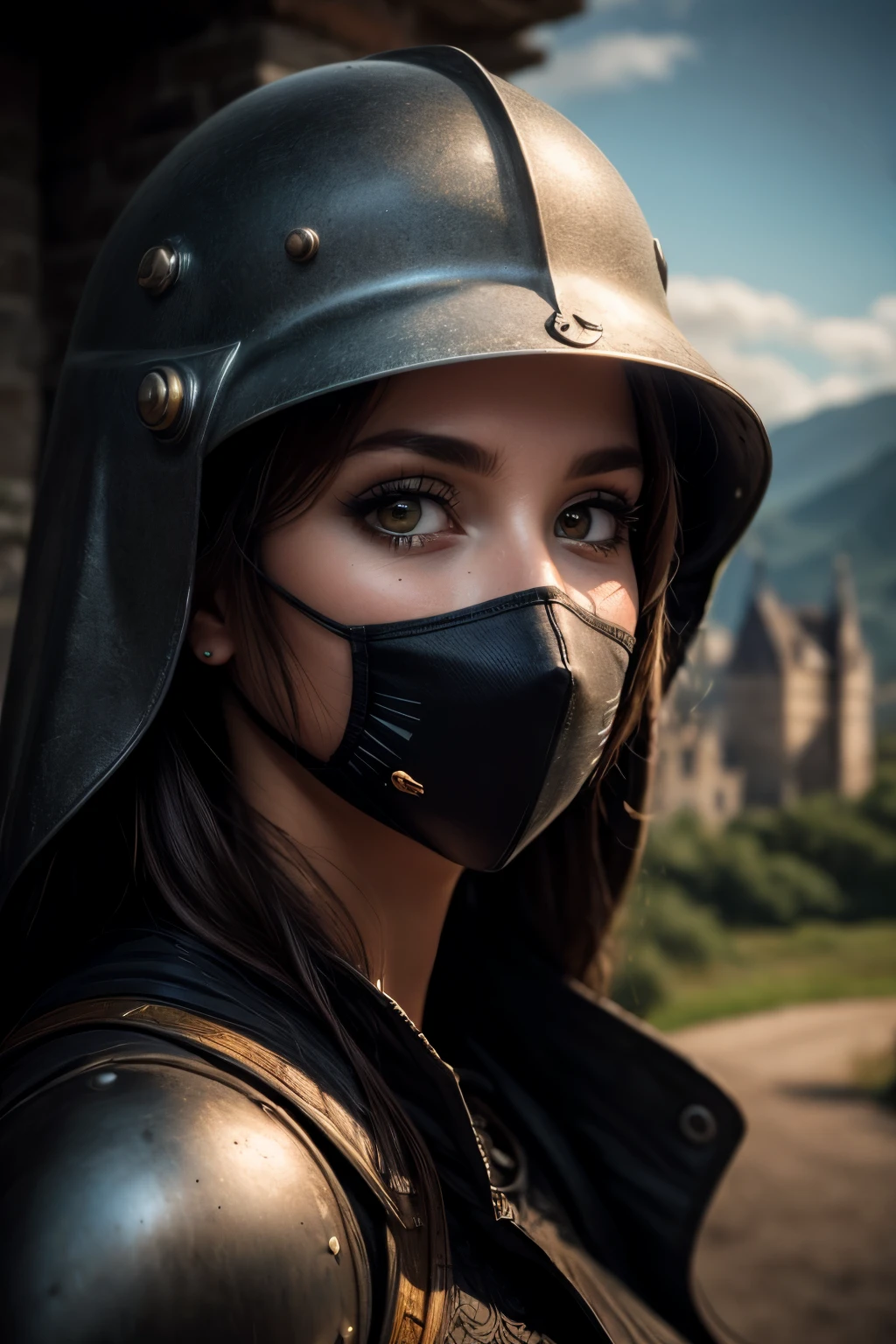 ((realistic)), cinematic shot, movie theater, photo referenced, highest quality, high quality, (detailed face and eyes:1.1), a huge knight wearing a black armor, ((intricate helmet)), face mask armor, ((big eyes)), black sclera, in the countryside, black eyes, subsurface scattering, intricate (high detail), ((cute)), (detailed skin:1.1), shiny skin, photorealism, volumetric lighting, magic circles, a castle in the background,