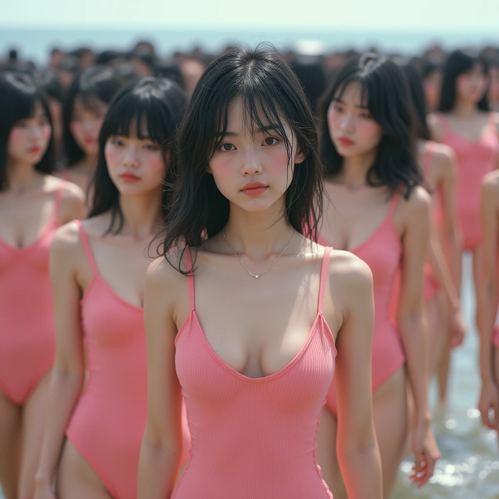 (((((Japanese Clone-girls=Myself))))), (((Super Best masterpiece Clone-girls Raw Photography Art))), (((16K, Highest quality, Ultra-high resolution, RAW Photos))), (((It's so unrealistic., With unparalleled depiction, With an unfathomable sight, An unprecedented and shocking worldview, Clone-girls: In a world of mass reproduction, Ultra-realistic))), (((Japanese Girls, Sasaki Nozomi, 28yo, Small face, Thick black hair, Medium to long hair, Dark Eyes, Mature face, Cute Smile, Smiling face, A gentle gaze, (((Very happy laughter)))))), (((Very beautiful detailed girls, Accurate body structure, Accurate body movements, Very detailed body, (((Super big breasts, Large bulge of ample breasts)))))), (((Pink swimsuit, Cleavage Emphasis, Emphasise the fullness of your breasts))), ((((((((Very detailed, Myself cloning, Depiction of splitting oneself, 1Myself girl→1,000,000,000,000,000,000,000,000,000,000Myself cloning girls)))))))), (((((((Myself clone-girlsから, Myself keeps multiplying, (Very detailed and intricate, To the exact, Flawless, (((In the same female body,With the same face, With the same hairstyle, In the same clothes, At the same height, 同じSuper big breastsである))), In a detailed depiction), 1,000,000,000,000,000,000,000,000,000,000 people))))))), (((((Myself girls only))))), (((((1,000,000,000,000,000,000,000,000,000,000Myself girls))))), (((((Very detailed depiction, Multiple or more Myselves, Physical contact, Pleasant conversation, Holding hands, Hug, walk, Turn around, Shift your gaze))))), (((Very detailed, Extremely crowded, Body-to-body contact with no gaps))), (Bright and soft light), (((((Clear and accurate perspective depiction, super wide view, Ultra-wide field of view, Focus on the average value of the image))))), とてもIn a detailed depiction, It's all a crowd of myself, Having fun at the water's edge, Soaking wet, Under the crotch, Depicted as a giant girl, Looking up at Myself from the water