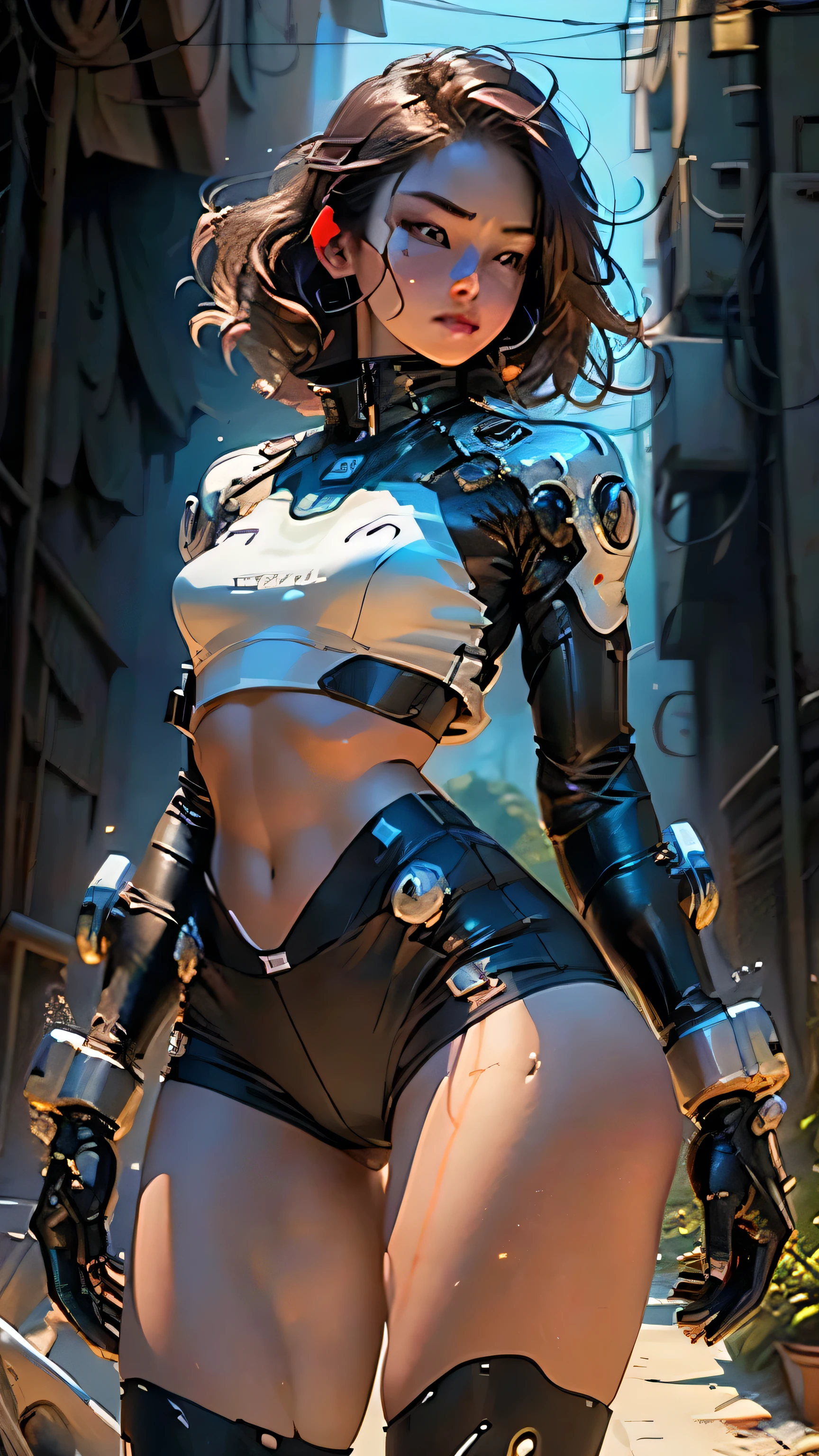 Woman body defined thick thighs cybernetic body parts, short underwear