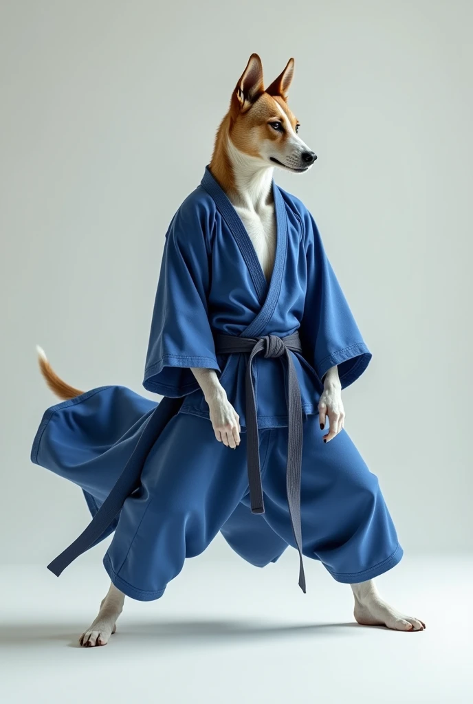 A Sulimov dog. Wearing a Blue robe. Doing a judo pose.