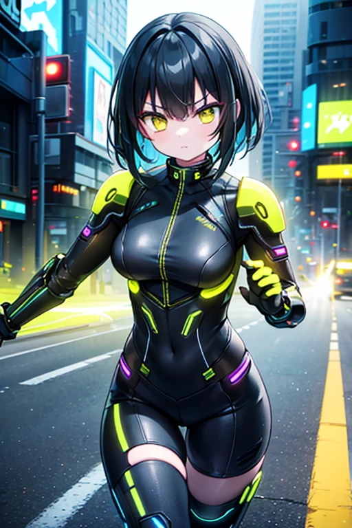 (yellow cyber punk speed tactical suit:1) (1 Female) Dark Theme :: Focus on close-up face, Serious face, Civetik visor, :: Medium Black Hair, Thick thighs :: ultra realistic futuristic speedster scifi cyber punk athletic woman, Iris, ((Runs down the middle of the road emitting yellow rays, cyber punk, Shadowrun, scifi high tech cyber punk)) :: cool cyber punk yellow speed combat suit :: Natural light :: Bokeh :: 8k :: Highest quality :: masterpiece :: Very detailed:1.5