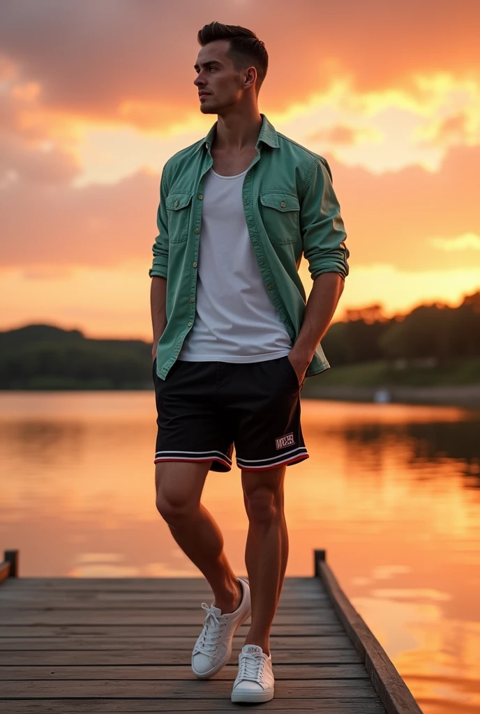 A white man, aged 36, model type, with short dark hair, with clear eyes, wearing a white shirt underneath a green and white shirt, black swimming trunks with red stripe, tennis, on top of a pier on a lake in Alentejo, at sunset.