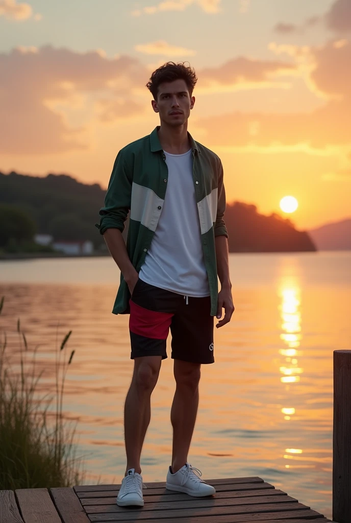 A white man, aged 36, model type, with short dark hair, with clear eyes, wearing a white shirt underneath a green and white shirt, black swimming trunks with red stripe, tennis, on top of a pier on a lake in Alentejo, at sunset.
