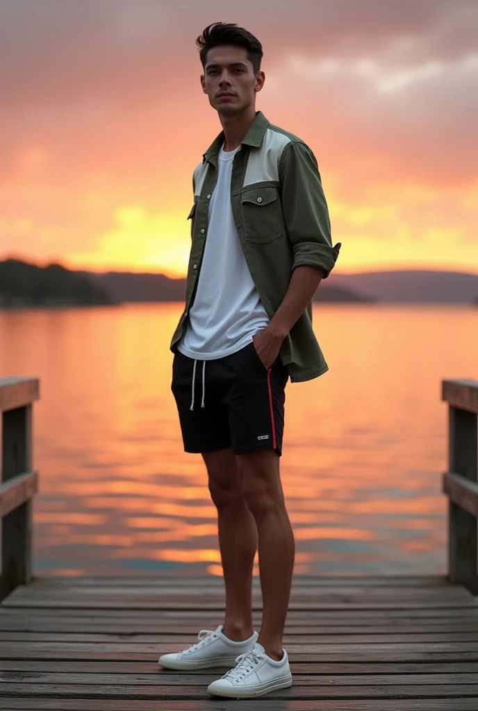 A white man, aged 36, model type, with short dark hair, with clear eyes, wearing a white shirt underneath a green and white shirt, black swimming trunks with red stripe, tennis, on top of a pier on a lake in Alentejo, at sunset.