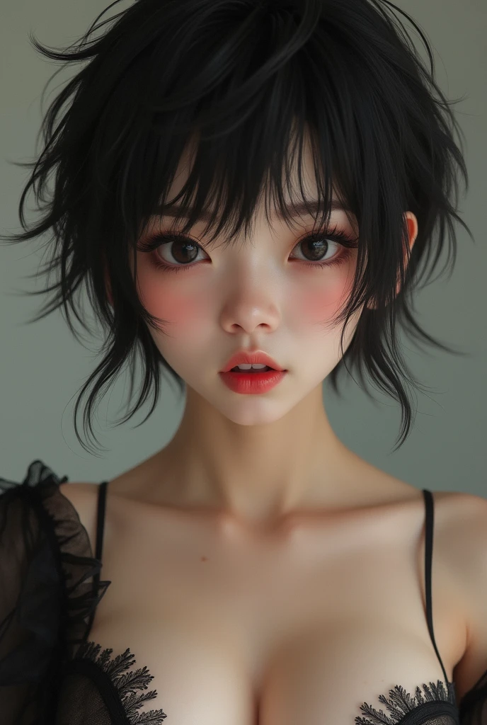 Japanese model with short wolf cut hair、Half-open mouth、Embarrassed look、blush:2.0、Large Breasts、Cleavage、