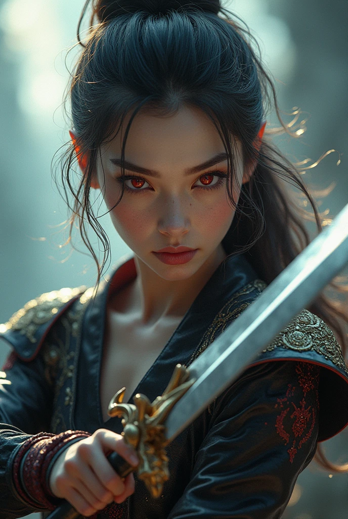 girl with red eyes and a sword in her hand, 4k highly detailed digital art, 8k high quality detailed art, pop japonisme 3 d ultra detailed, stunning digital illustration, 3 d render character art 8 k, digital fantasy art ), beautiful digital artwork, the dragon girl portrait, hyperdetailed fantasy character, deviantart artstation cgscosiety