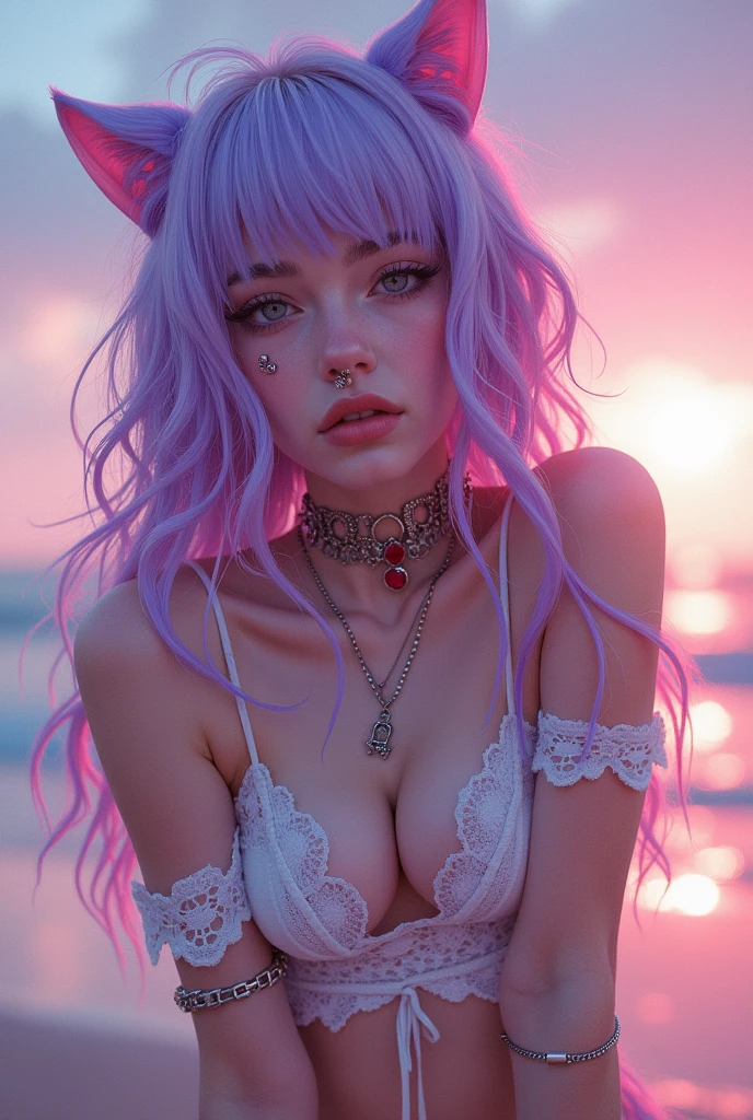 Loving, Love, (beautiful and clear background:1.2), high detailed eyes , underwear, lace, latex, Pink, Purple, mint, Blue, Yellow, lavender hair, body piercings, Loving, Love, ultra detail hair, Masterpiece, Best Quality, hiquality, hight resolution, detail enhancement, ((most beautiful image in the world)), Masterpiece, Best Quality, hiquality, hight resolution, detail enhancement, ((most beautiful image ), art by stjepan sejic, art by j scott campbell, Artist Guillem March, art by citemer liu, 4k, hight resolution,high quality detailed,   style of ::2.0 comix illustration style,hiquality, hight resolution, detail enhancement, 8K, HD, Best Quality, hiquality, hight resolution, detail enhancement, 8K, HDR, sharp-focus, Ultra Detailed, perfect  lighting, Curvy Body, Lush breasts, Curvy hips, rock, rock star, Cool,black leather jacket , style of, spikes, Cat's ears, Cool bracelets, Choker, Short shorts, fishnet pantyhose, Heart Print, Heart,
