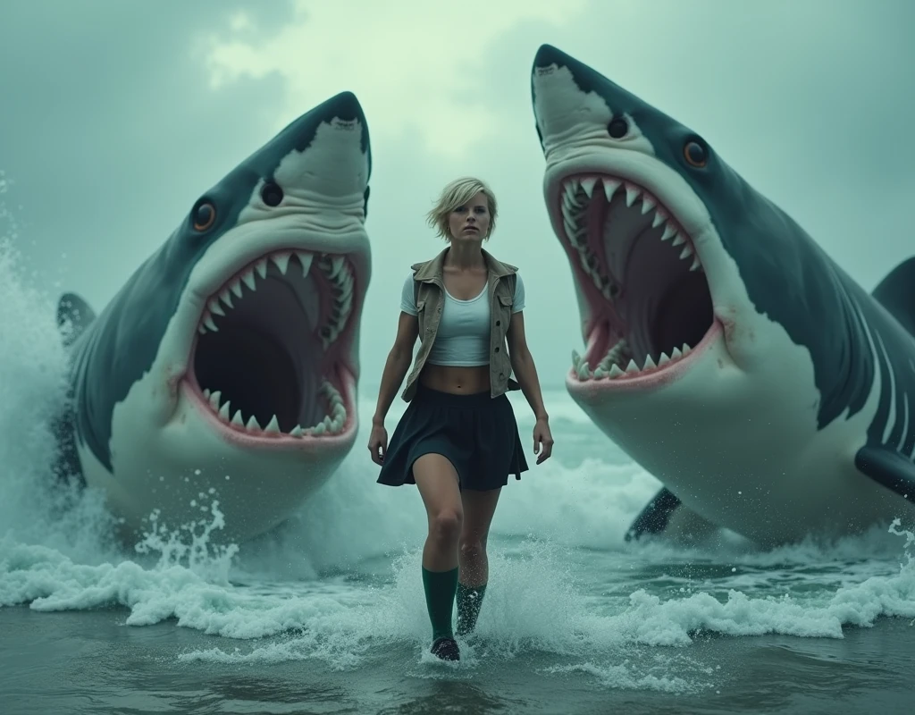((Highest quality)), ((photograph)), ((Sea surface)), (One person),  (Face of fear), (Women like bodybuilders), (Giant Jaws Storm), Off-white short-sleeved shirt with light brown vest、A muscular man with a bodybuilder-like build wearing a knee-length black skirt, dark green socks and black shoes.々Short-haired woman、A video of a man desperately swimming away from a large number of giant great white sharks.、Sea surfaceの画像、